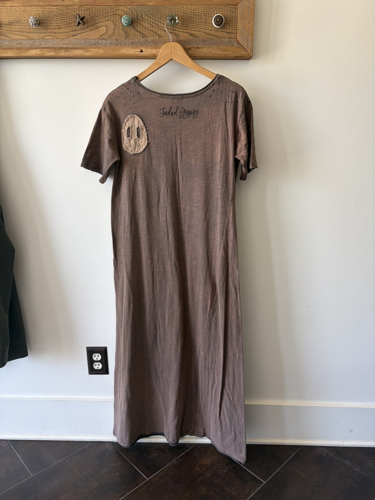 Jaded Gypsy Long Maxi Peace Tee Dress Womens OS Washed Tan Short Sleeve Tattered