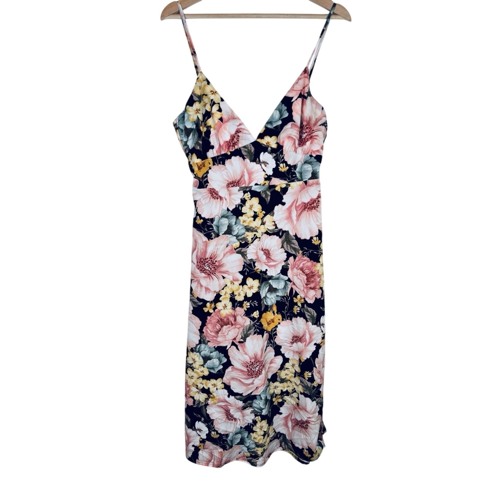 Forever 21 Women’s Medium Pink Floral Spaghetti Strap Midi Dress Slit Side