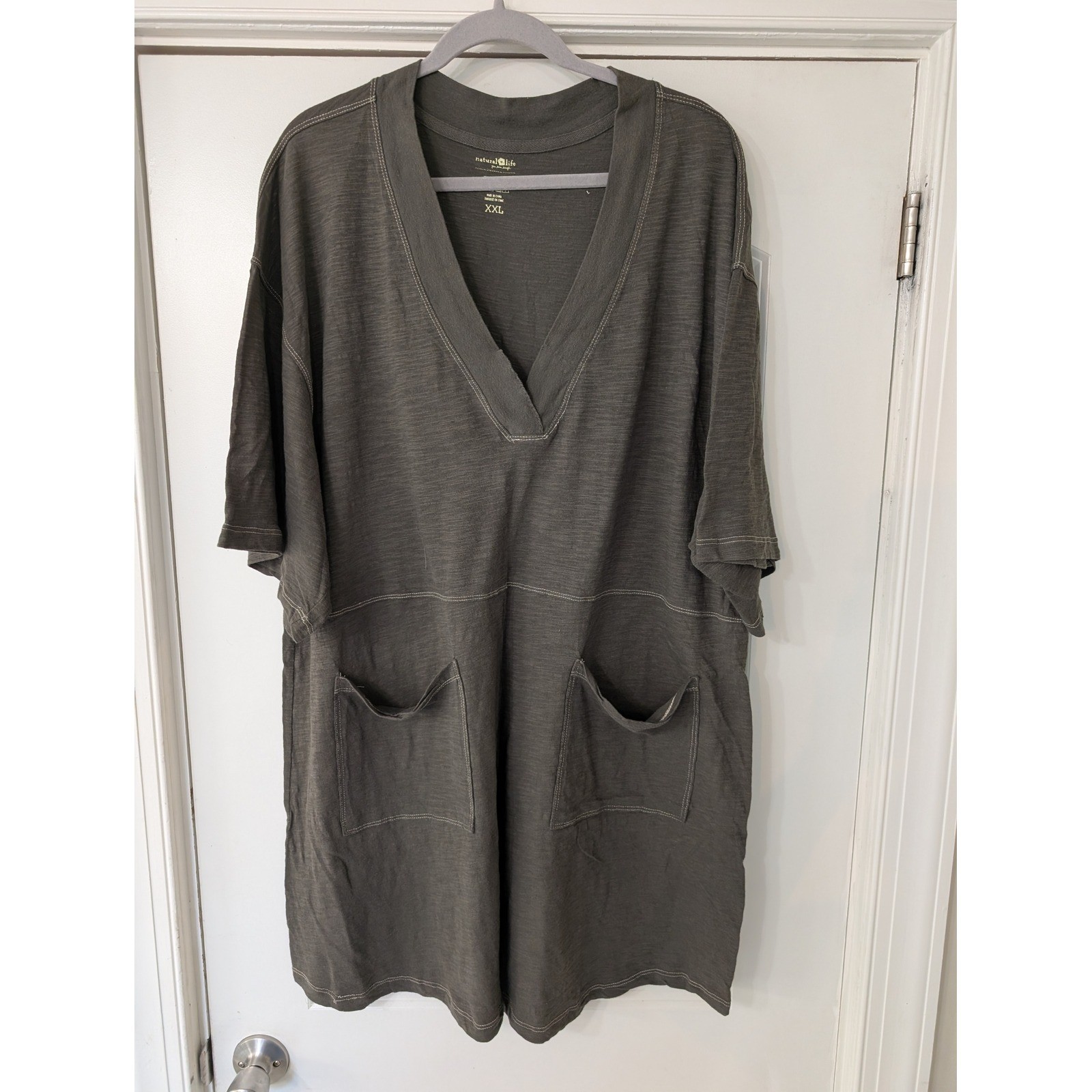 Natural Life XXL Charlie Gray Slub Cotton Oversized V-Neck Pocket T-Shirt Dress