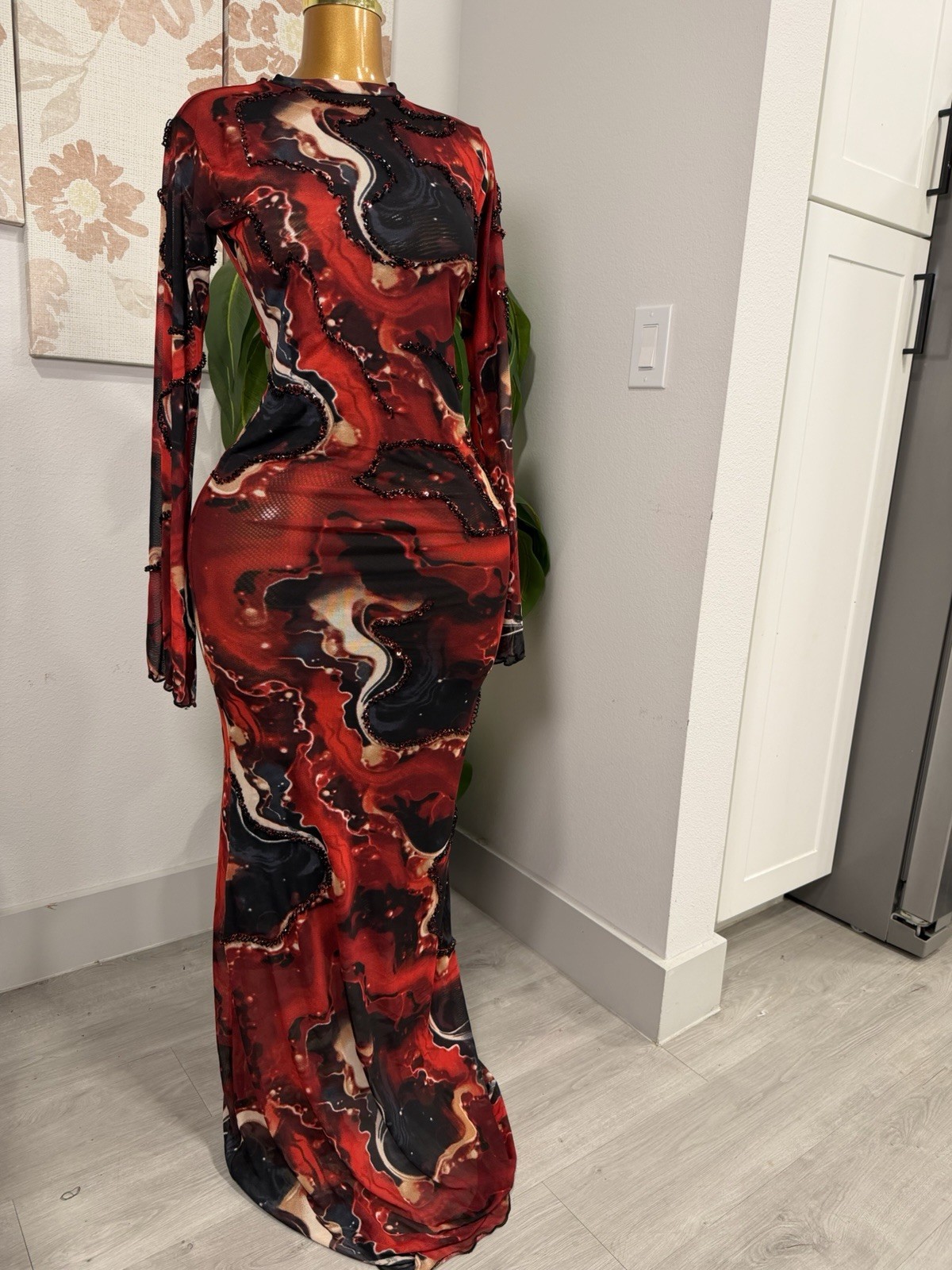 Women’s Mesh Sheer Stretch Beaded Bodycon Maxi Dress S Red/Black Abstract