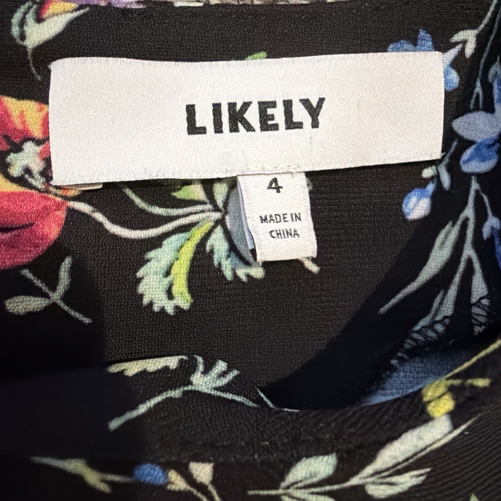 LIKELY Black Multicolor Floral V-Neck Cap Sleeve Fit & Flare Ruffle Dress 4