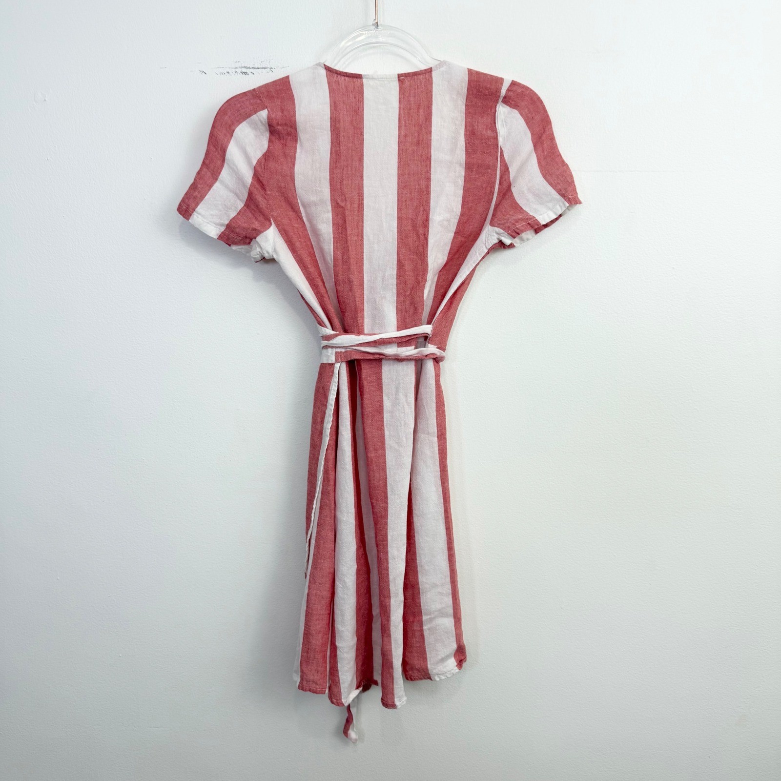 Marine Layer Frances Linen Blend Striped Wrap Mini Dress XS Pink White