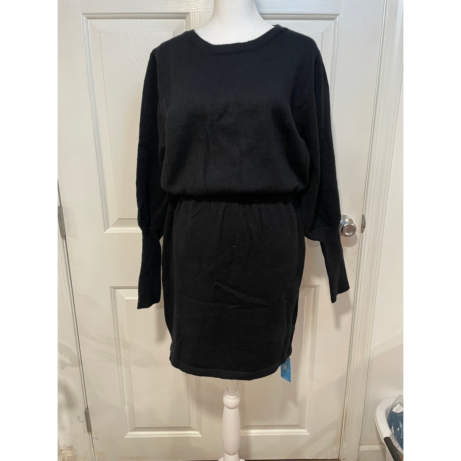 NEW Cupshe Black Mini Knit Sweater Dress L Onyx Gigot Long Sleeve Knit Cozy