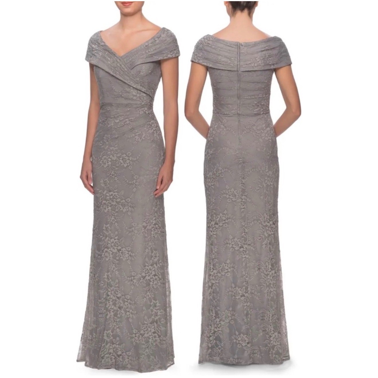 La Femme 27982 Platinum Lace Off Shoulder Gown Size 16 NWOT