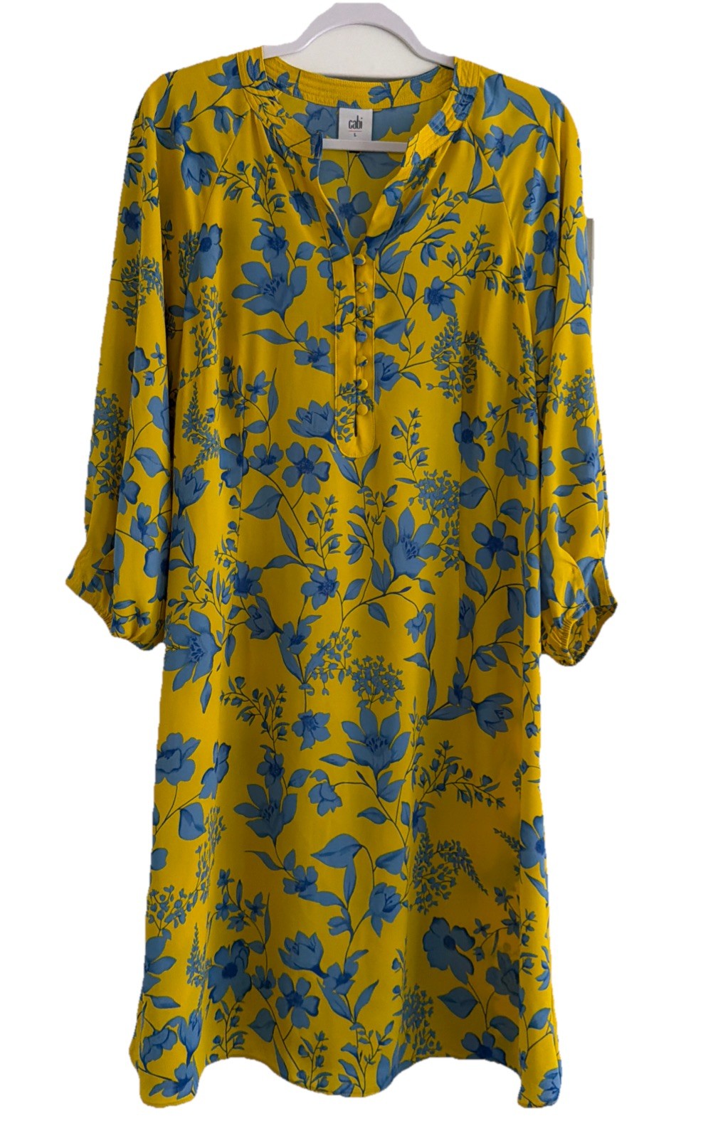 Cabi 5794 Lemon Drop Dress Size Large Yellow Blue Floral 3/4 Sleeves No Tie