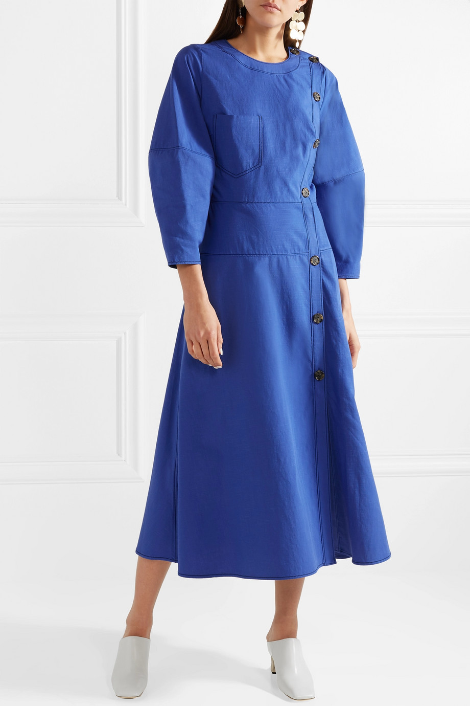 REJINA PYO Linen Michaela Button Front Cotton Puff Sleeve Pocket Dress 12 8 US M
