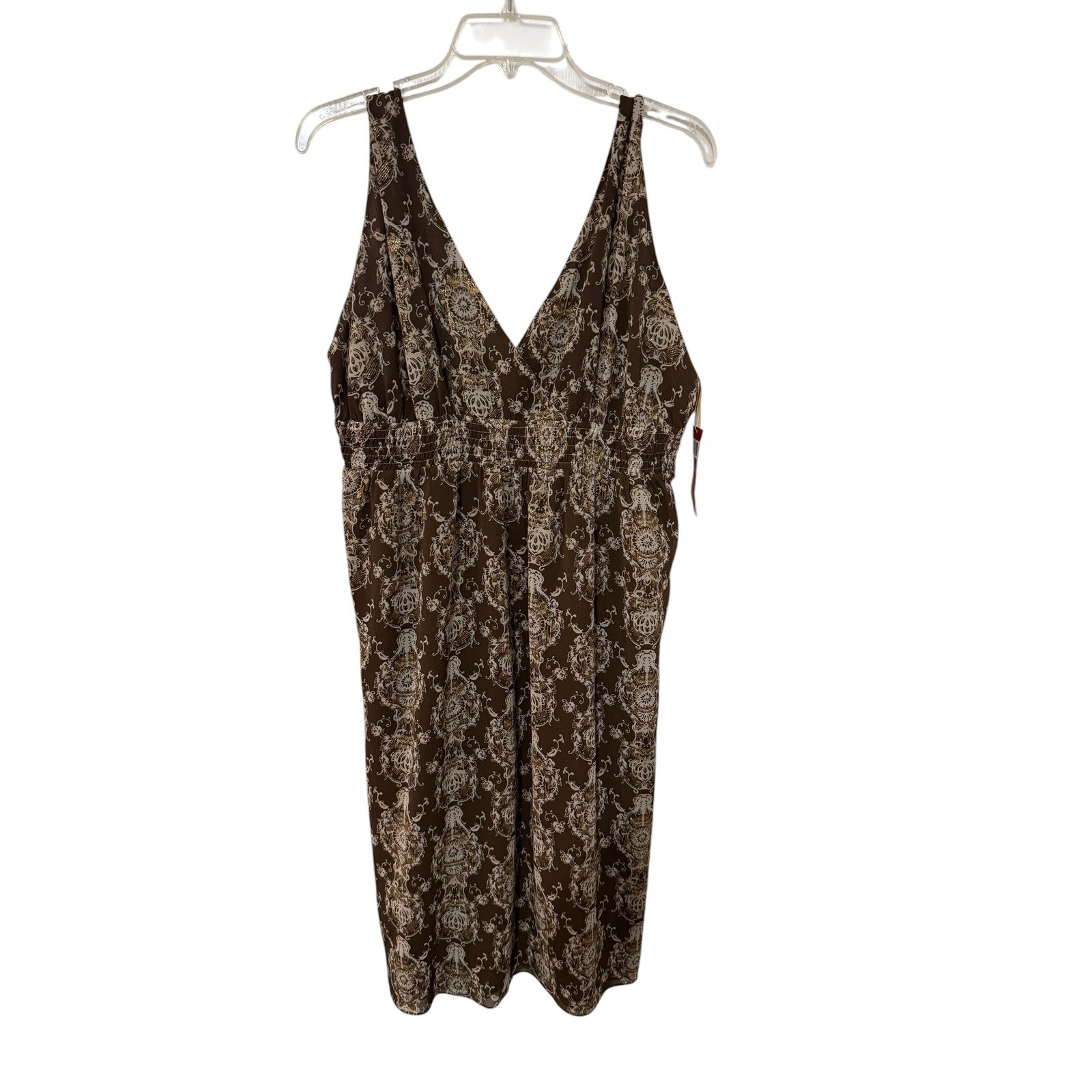 Tapemeasure Womens Brown Gold Metallic Shimmer Damask V-Neck Dress Size 12 NWT