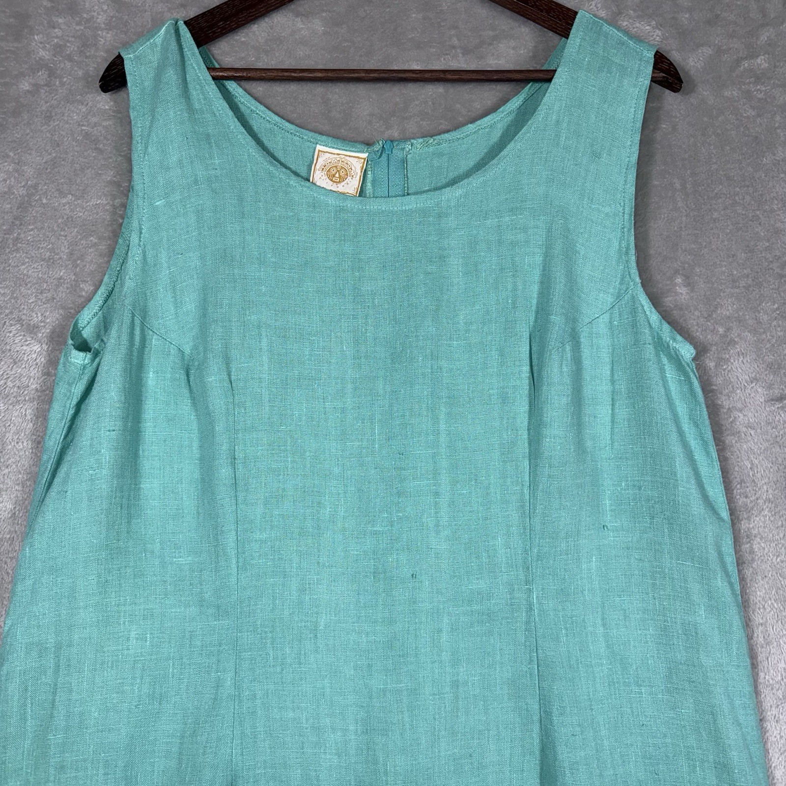Tom Tom Maxi Dress Womens Large Aqua Linen Made In USA Vintage Boho Classic Chic