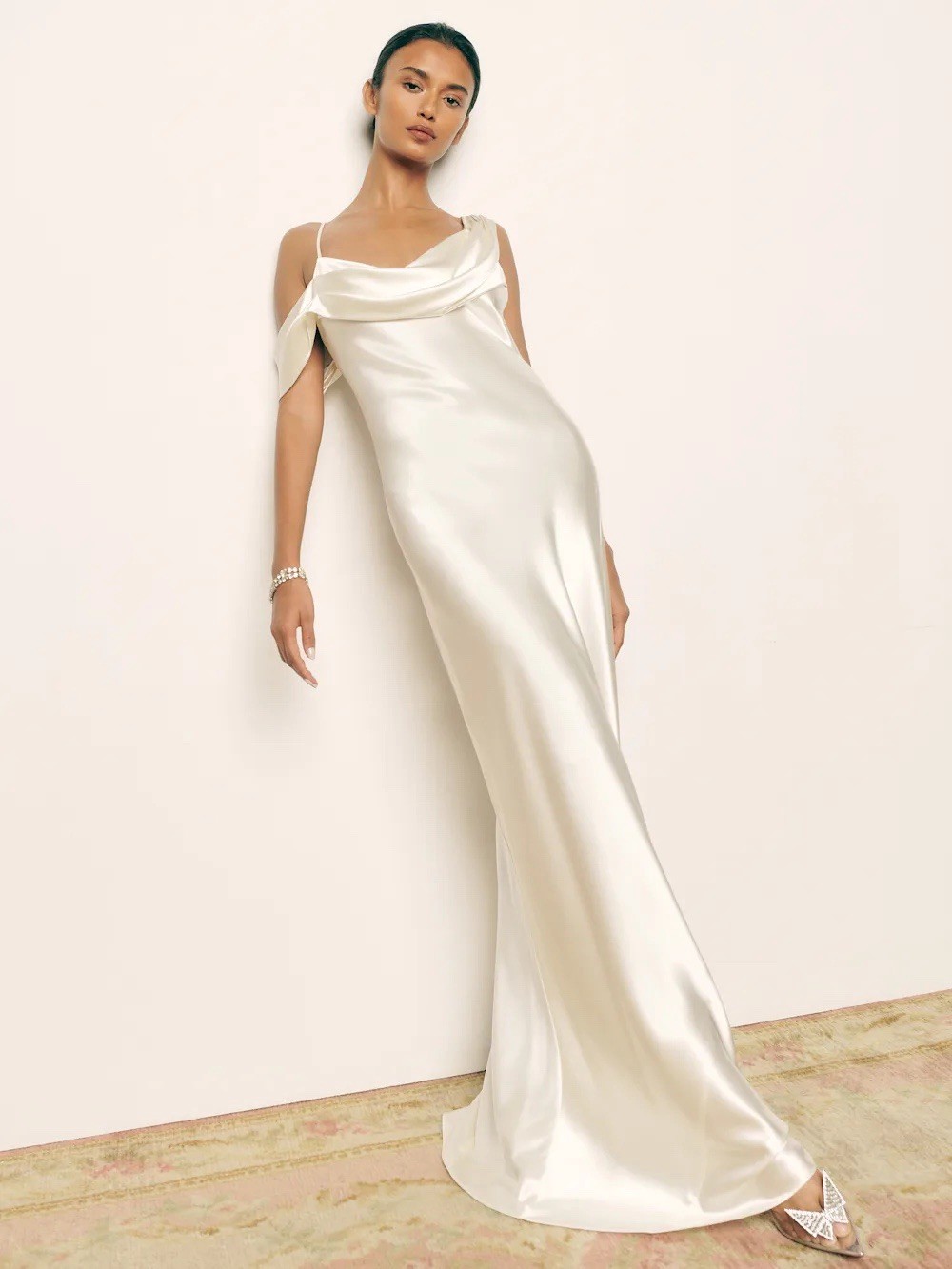 (Copy) Reformation Silk Ronda Dress Wedding Gown Off Shoulder Ivory 4