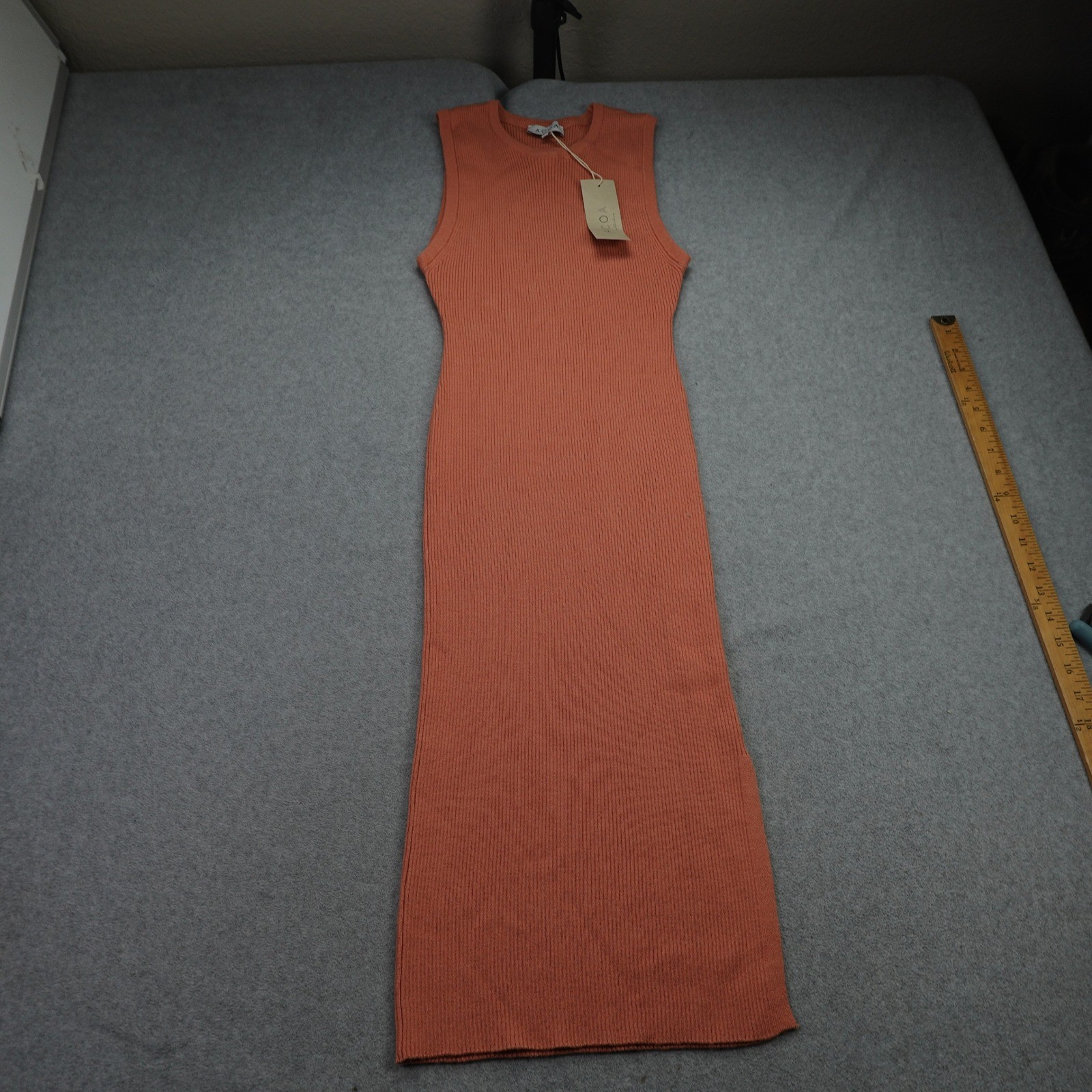 ACOA Dress Womens Large Orange Ribbed Knit Minimalist Bodycon Sleeveless Midi