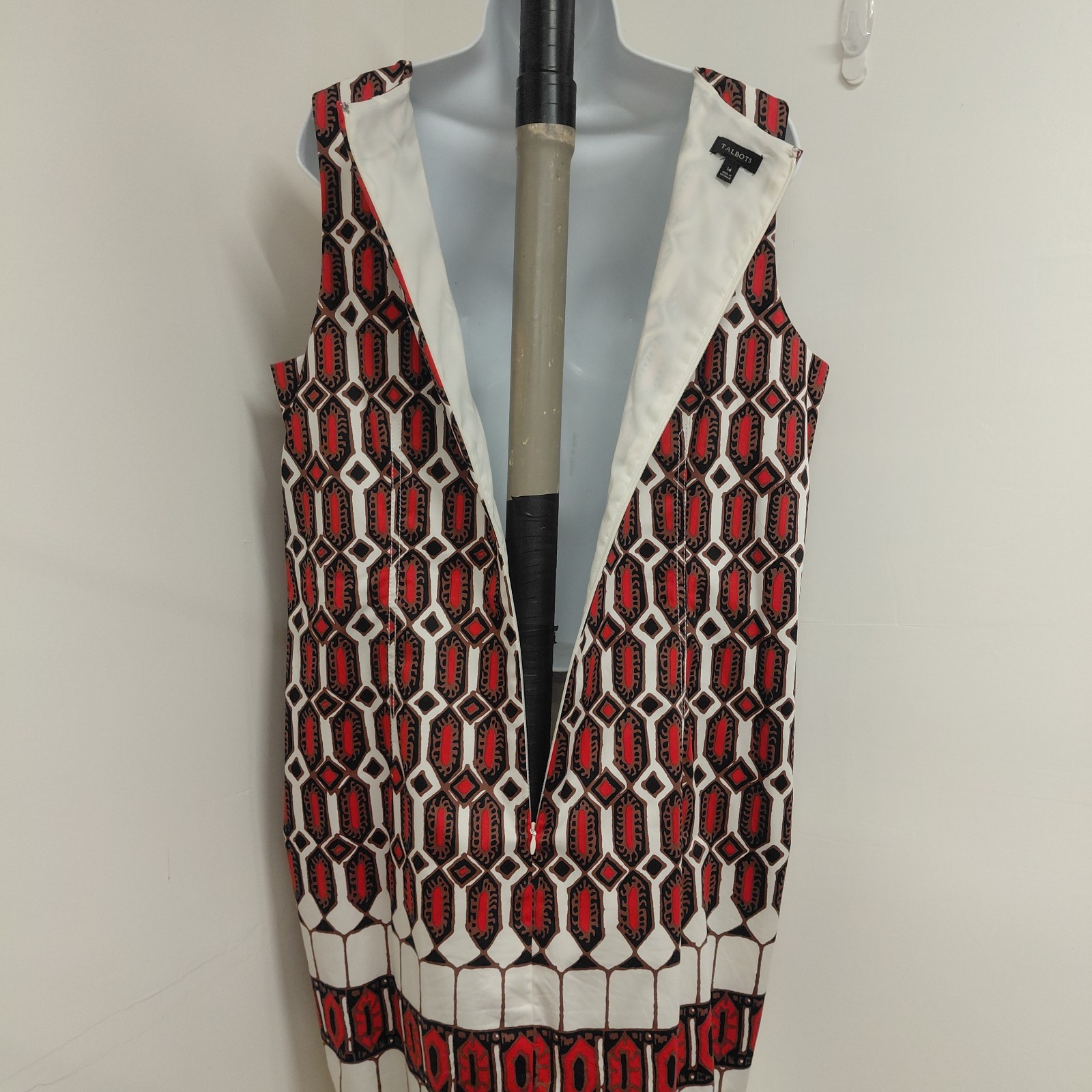 Talbots Shift Dress Women’s Size 14 Red Brown Black White Geometric Sleeveless