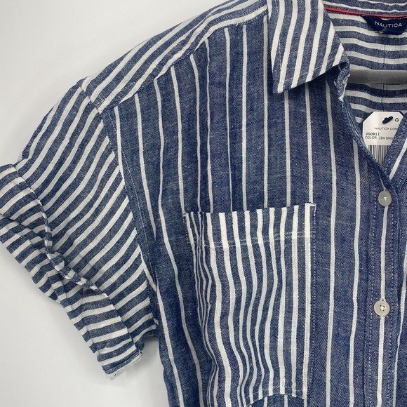 Nautica | Blue & Bright White Stripe Linen-Blend Belted Shirt Dress Medium NWT