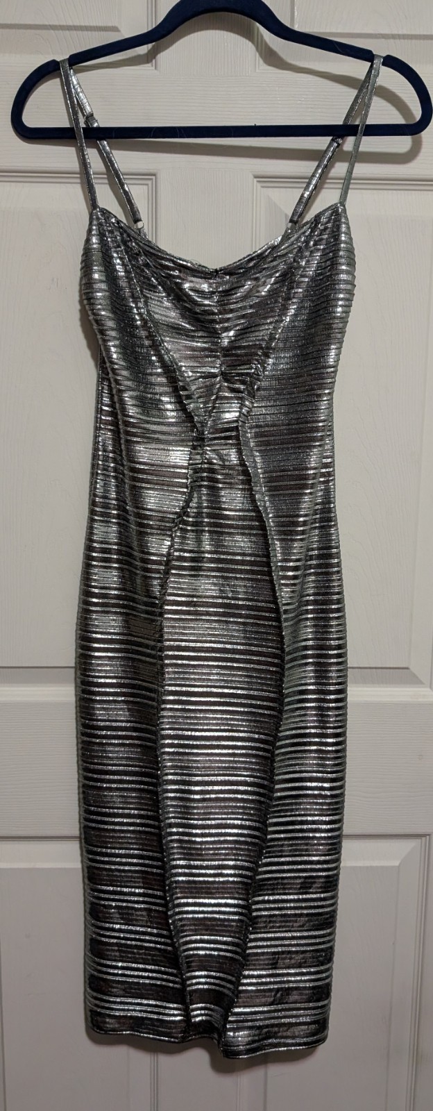 Georgia Hardinge Silver Bodycon Midi Dress UK.6 US 2 Stretchy Spaghetti Strap
