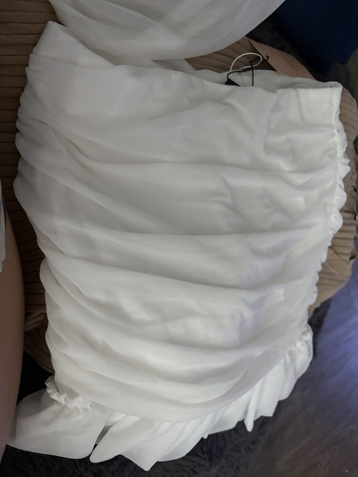Women’s White Solid Chiffon Strapless Ruched Ruffle Mini Dress Regular S