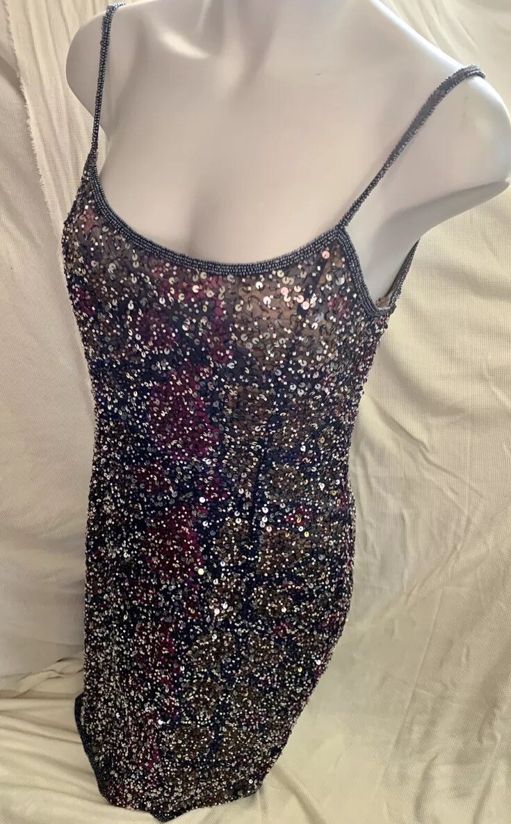 Papell Boutique Seqin Cocktail Dress Size 10 Sheath Beaded Rose Prom Evening M
