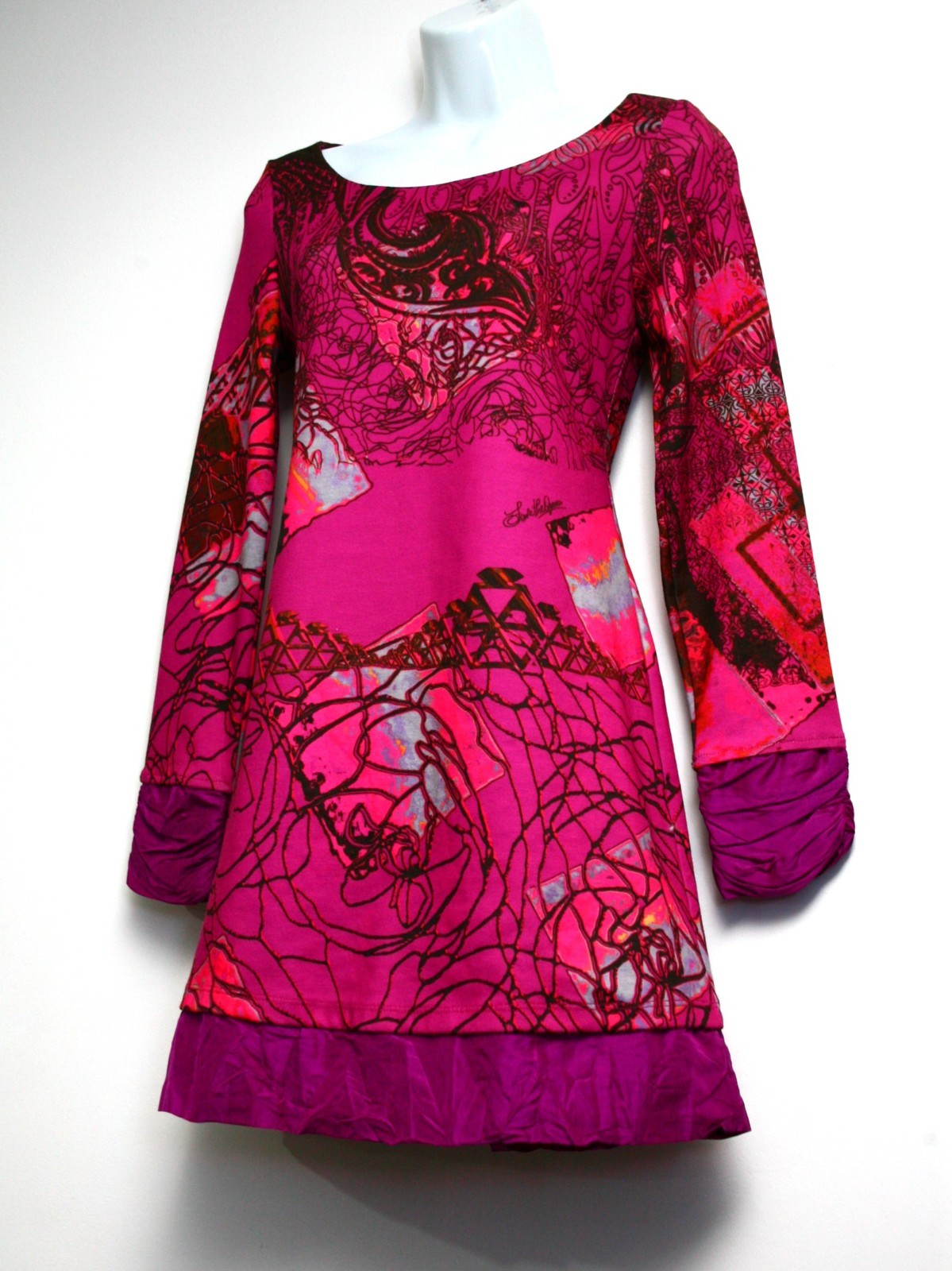 Save The Queen Dress XS Silk Blend Pink Purple Paisley Graphic Print Y2K Tunic