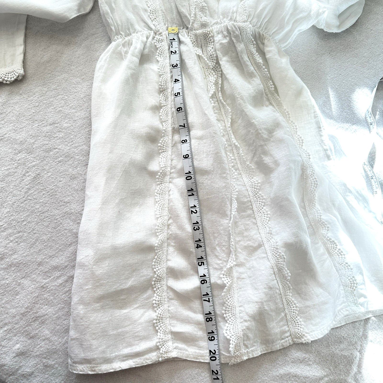 Valentina Naldi sz L White 100% Linen Crochet Trim V-Neck Mini Dress Italy Made