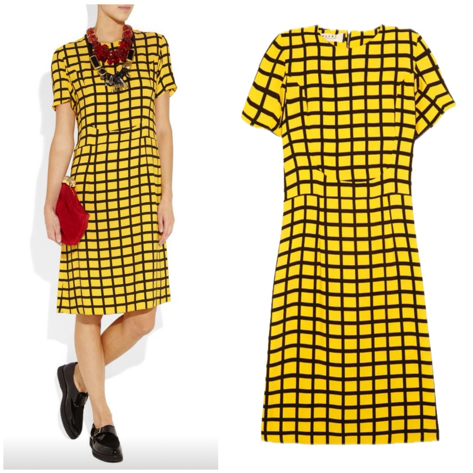 MARNI Yellow Check Dress, AU 8/US 4, 60s Mod Shift 2012 Consuelo Graphic Print