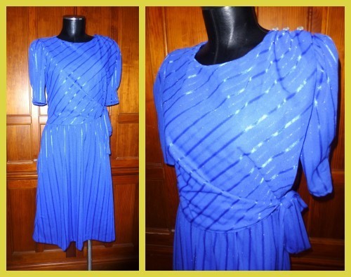 VTG 70s 80s Royal Blue Ribbon Stripe Poly Knit Cocktail Secretary boho Dress