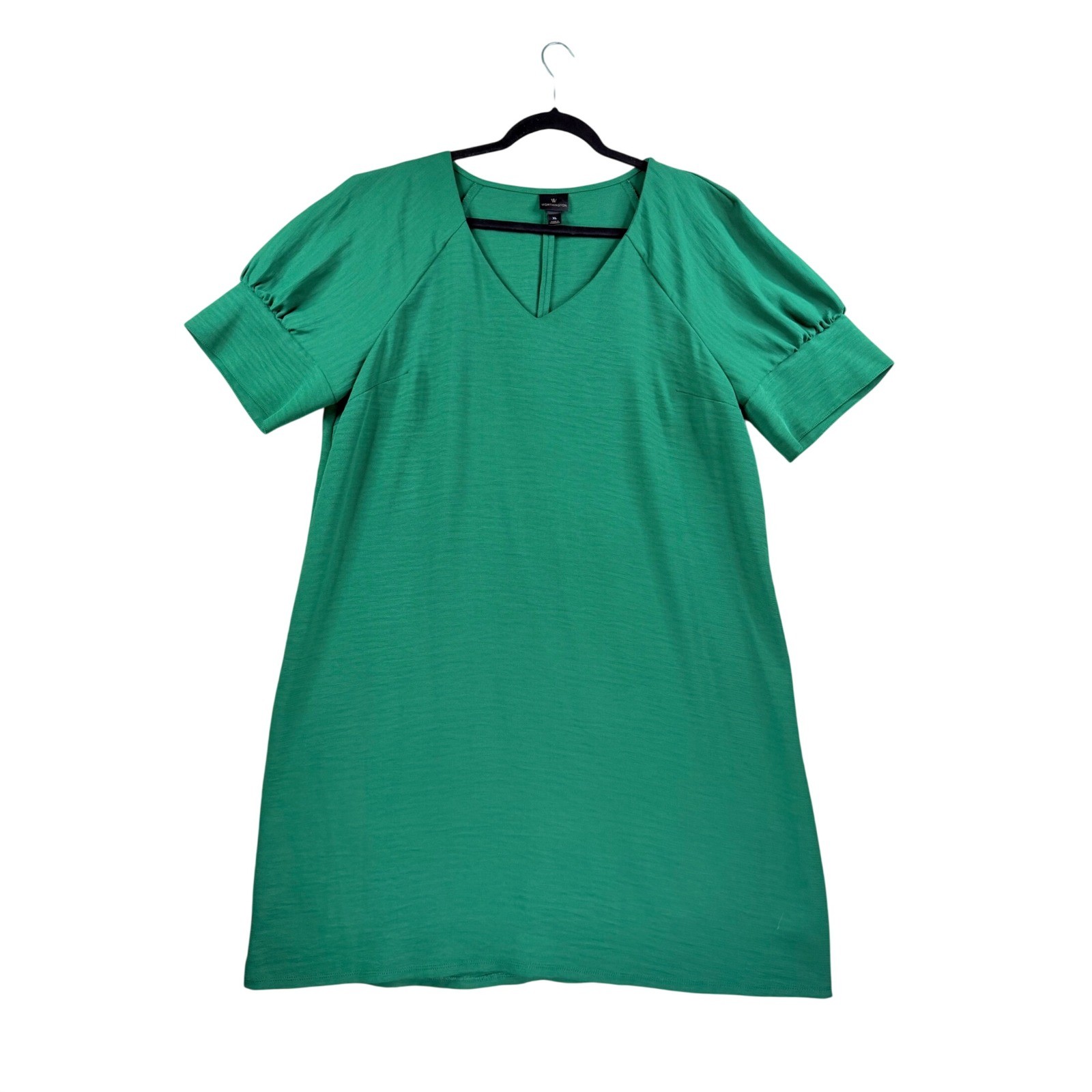Worthington Shift Dress Womens XL Green Excellent Puff Sleeve V-Neck Textured