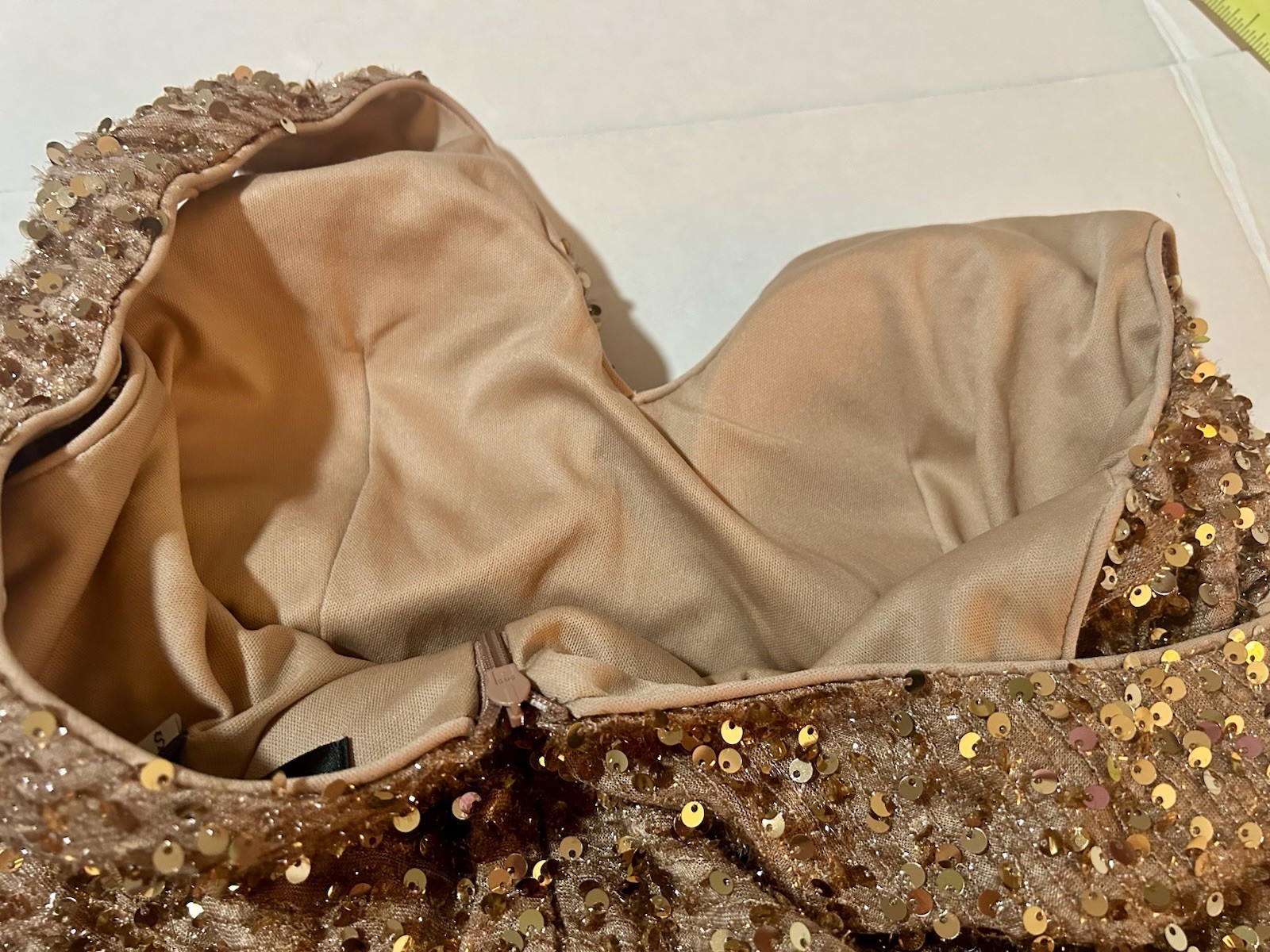 Draped Asymmetric Party Dress Prom Evening GOLD V Neck Ruched S Sequined Ruffle