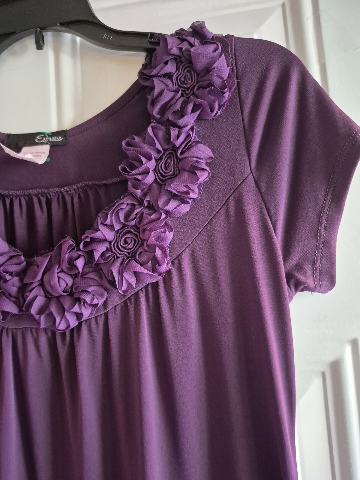 ESPRESSO Stretch Knit Dress – X – Scoop Neck w/Floral (Fabric) Trim, Short Slvs