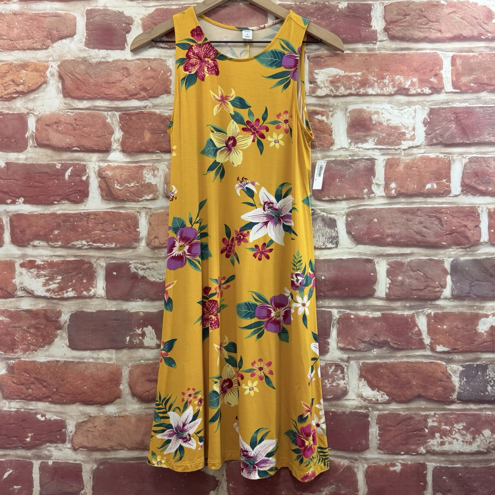 Old Navy Tank Dress Womens M Yellow Floral Tropical Casual Lightweight Sundress