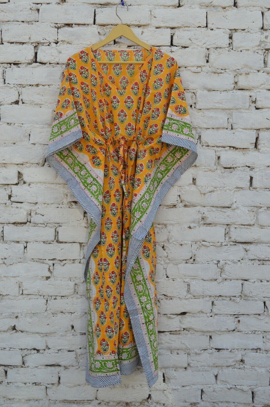 100%Cotton Hand Block Floral Long Kaftan Dress 100% TARRIF FREE✅0%CHARGE KF-114*