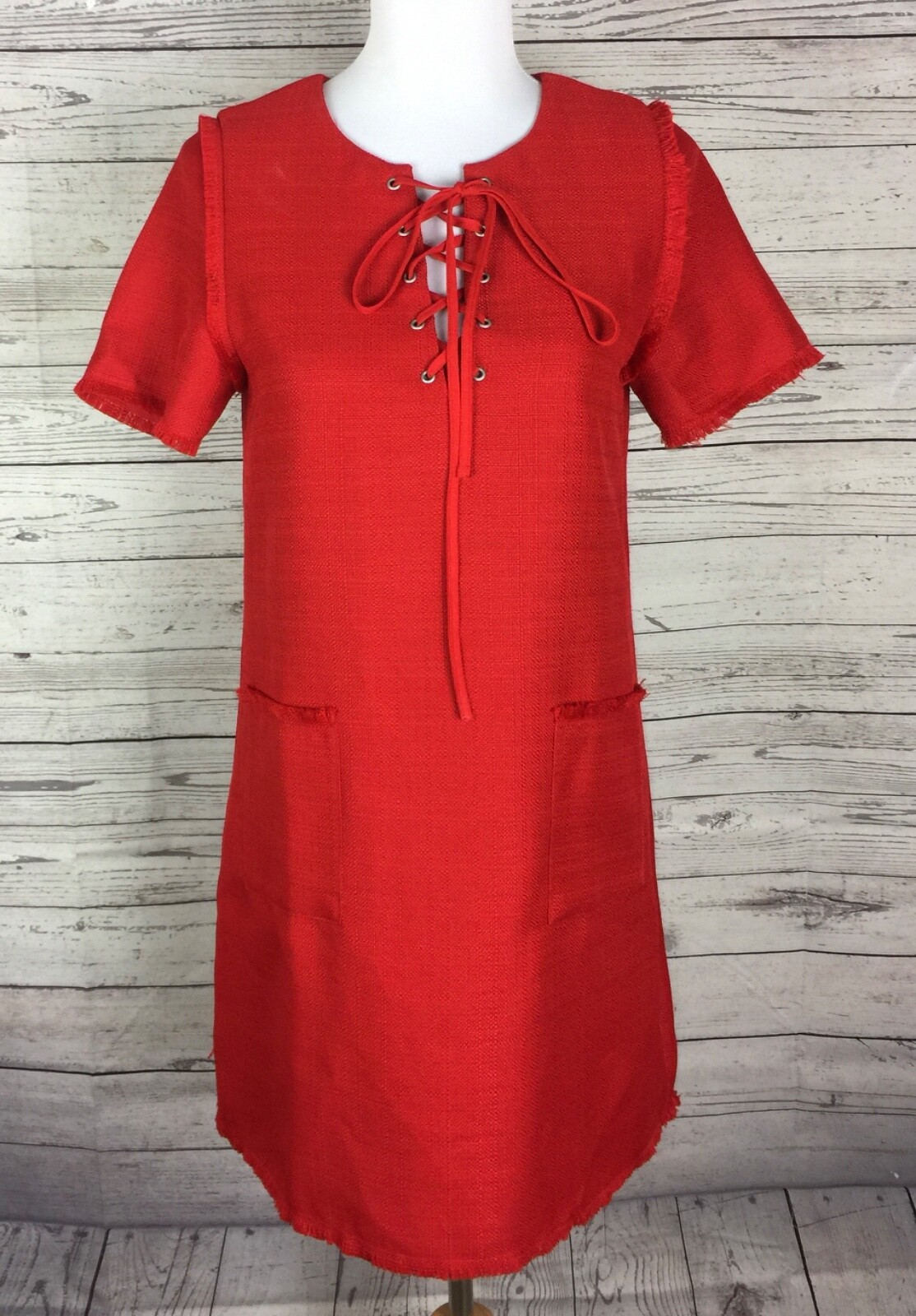 J by J.O.A. Women’s Red Lace Up Fringe Detail Lined Shift Dress Size S