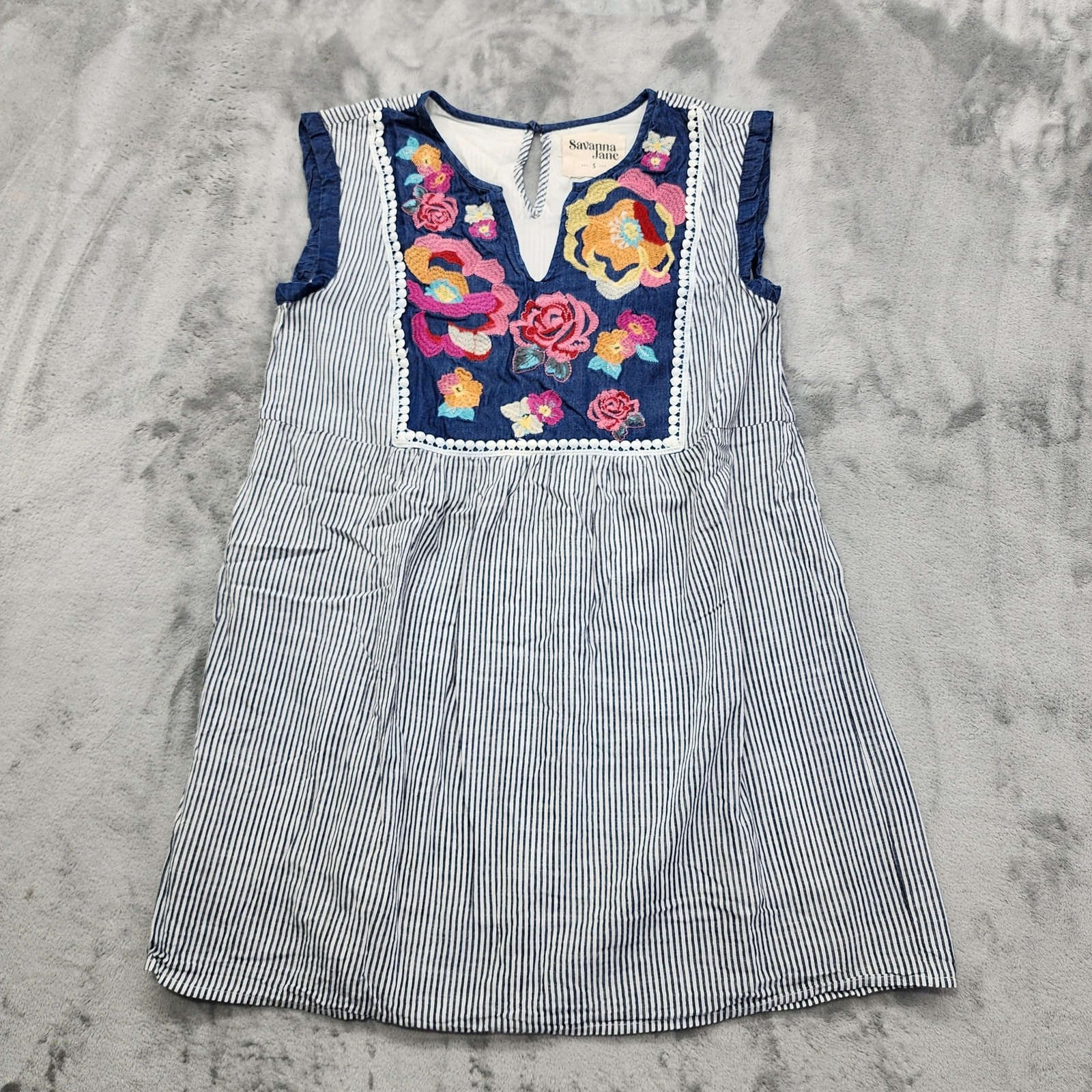 Savanna Jane Dress Womens S Blue White Seersucker Floral Embroidered Mini Lined