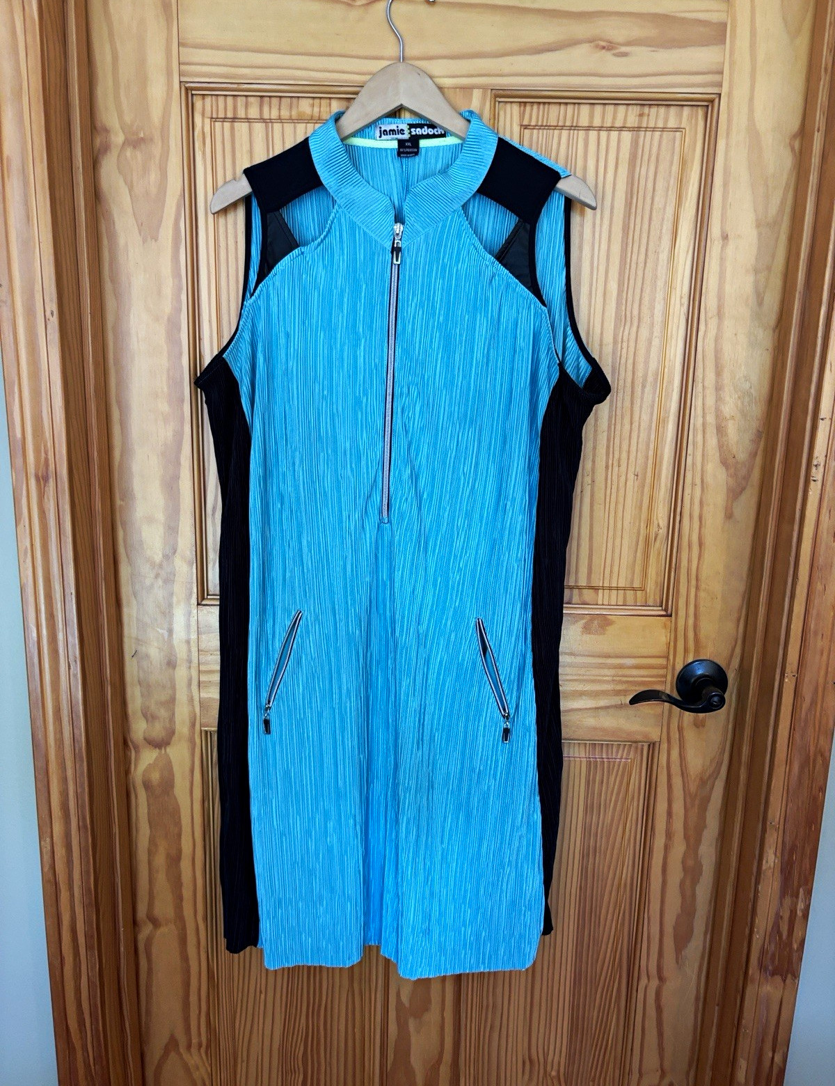 Jamie Sadock Sheath Dress XXL Blue/Black Colorblock Mock Neck Zip Pockets