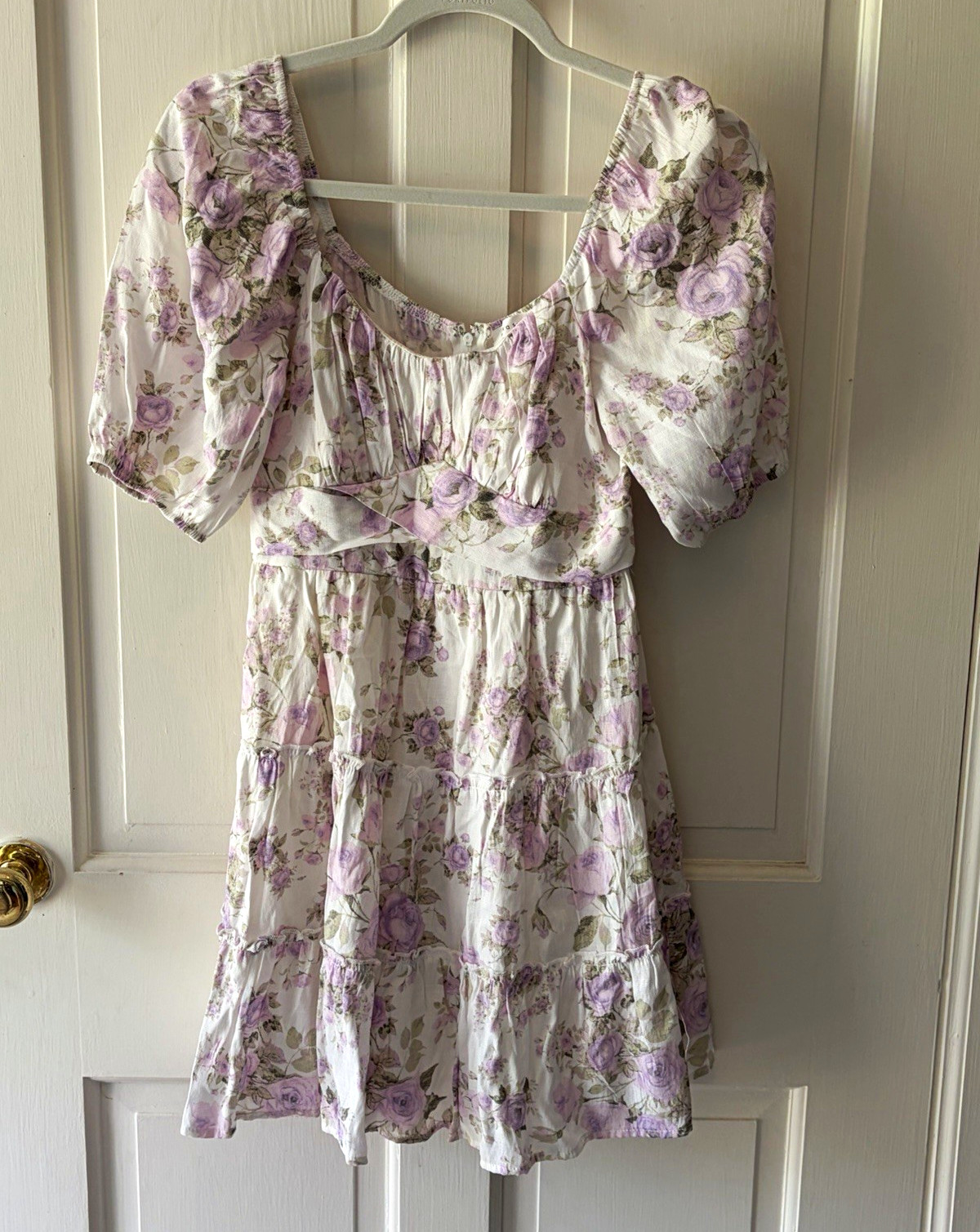 Altar’d State White/Purple/Green Floral Square Neck Puff Sleeve Short Dress S