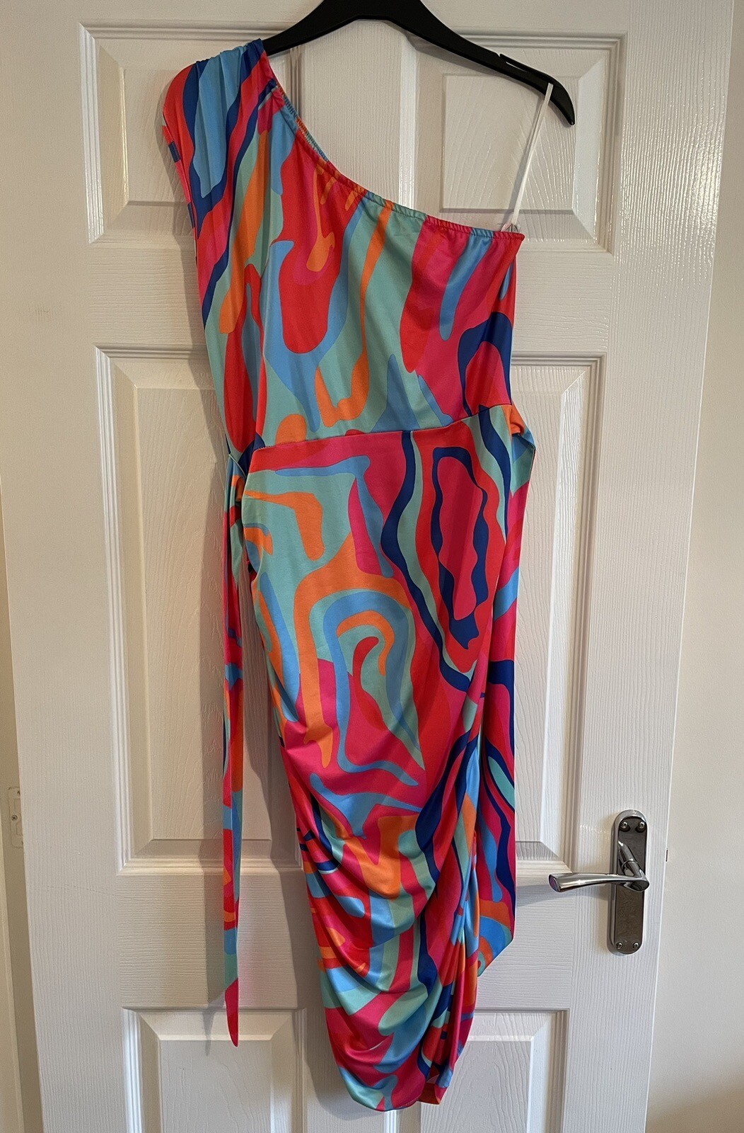 CHICME Multicoloured One Shoulder Tie Belt Summer Dress – Size Large – VGC