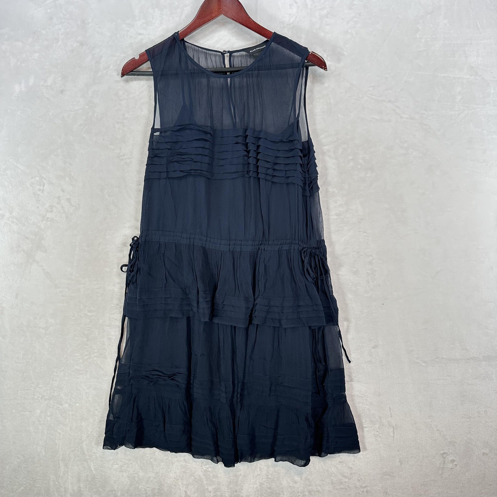 Club Monaco Dress Womens 6 Navy Sheer Tiered Pleated Sleeveless Bow Sides