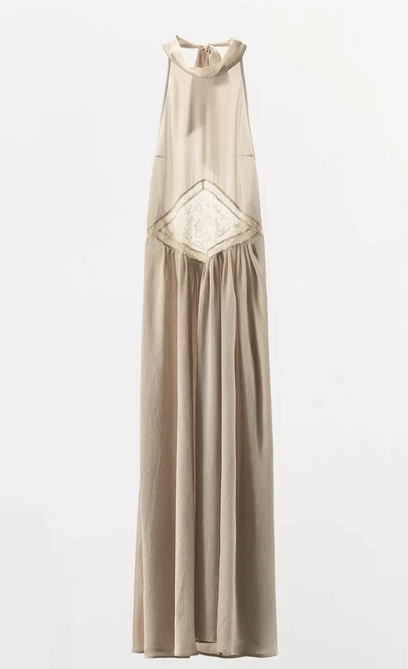 ❤️Zara Mid Ecru Flared Halter Embroidered Midi/Long Dress sz M Wedding Party