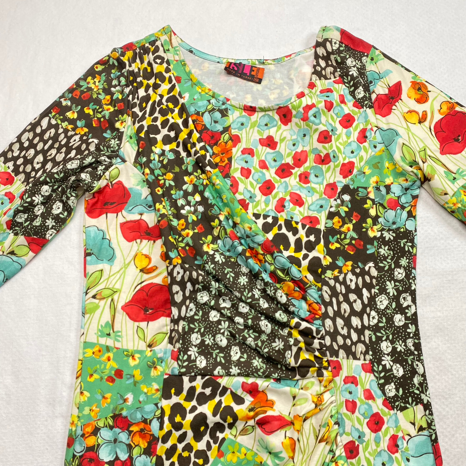 Isle Apparel Dress sz XS Multicolor Long Sleeve Scoop Neck Bodycon Artsy Boho
