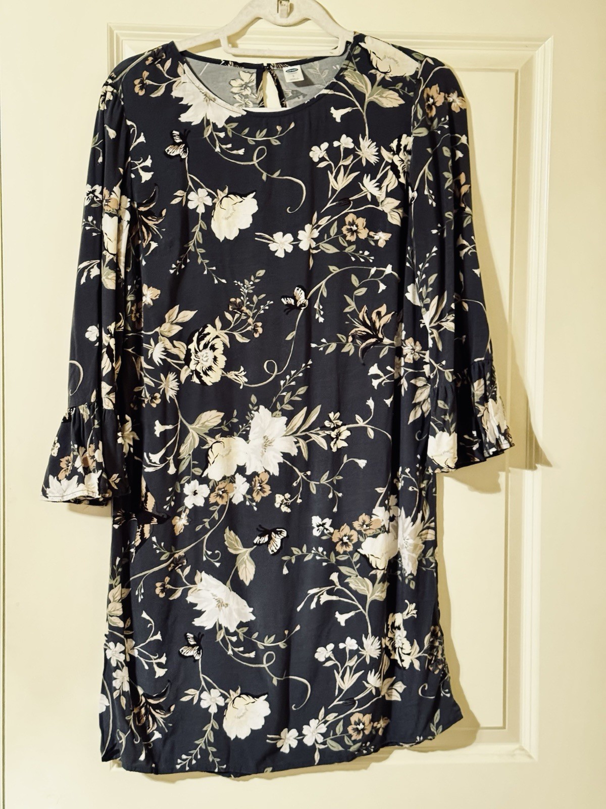 Old Navy Women’s Small Navy Floral Shift Dress Bell Sleeve Boho Cottagecore