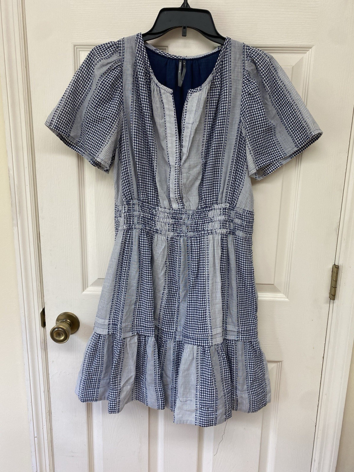 Anthropologie Blue White Striped Gingham Check SS Tiered Mini Dress Medium