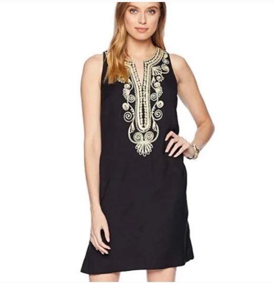 Lilly Pulitzer Carlotta Dress Black Gold Embroidery Shift Sleeveless Sz 0 Preppy