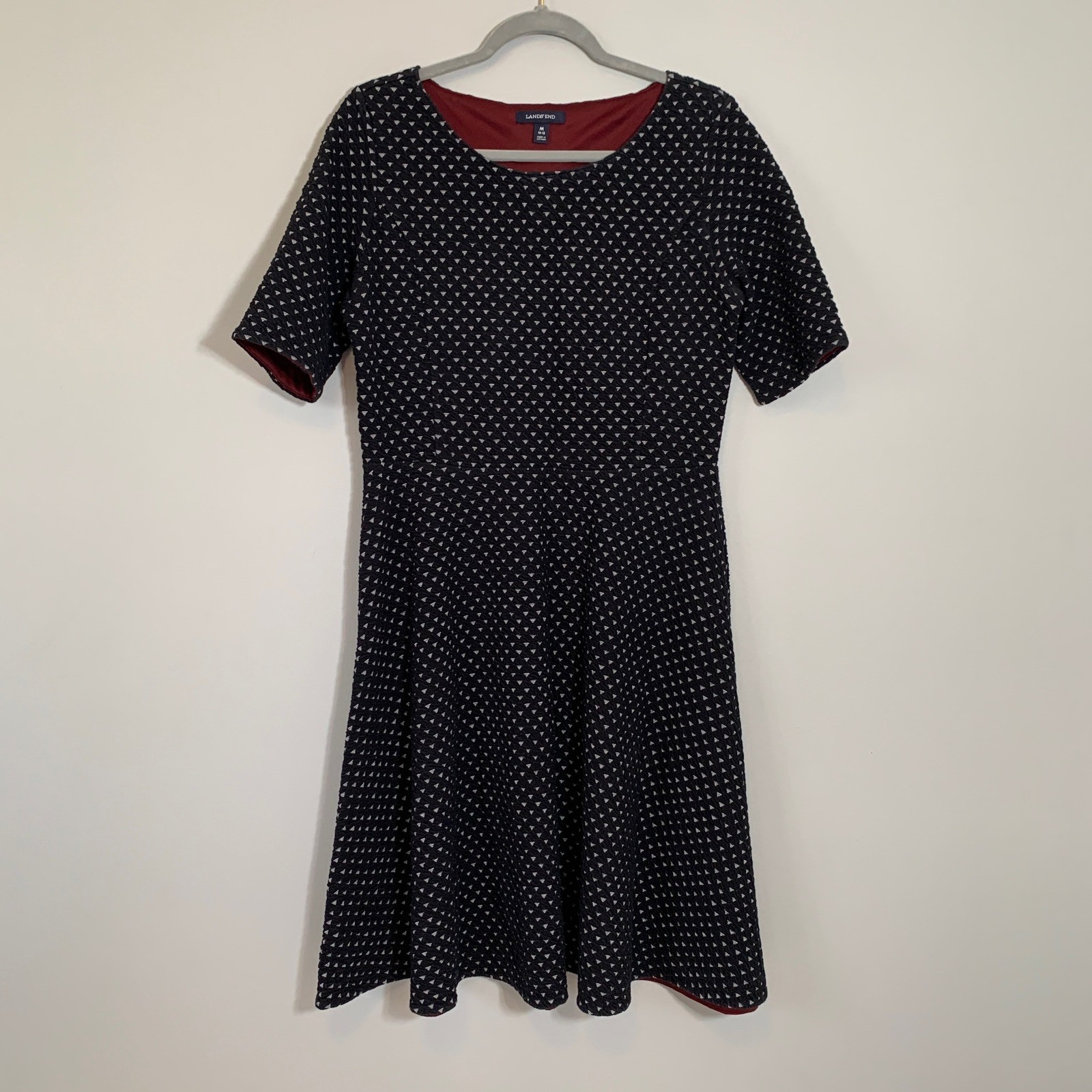 Lands’ End Womens Knit Dress Geometric Print Knee Length Short Sleeve M 10-12