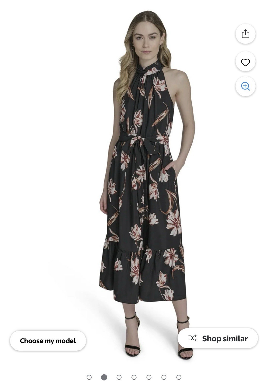 Black Brown White Floral Midi Halter Sleeveless Belt A-Line Dress Size M