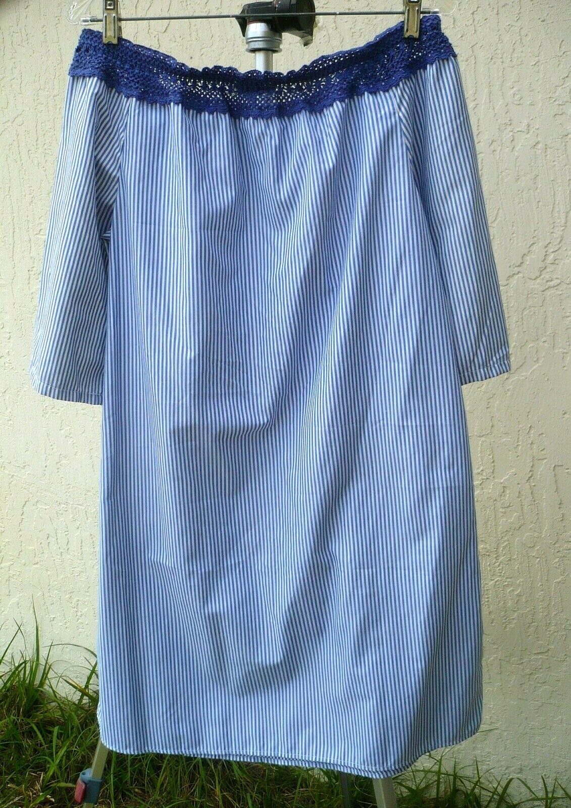 SPEED CONTROL L MU MU MUU SHIFT CROCHET OFF SHOULDER COTTON POLY CRISP DRESS