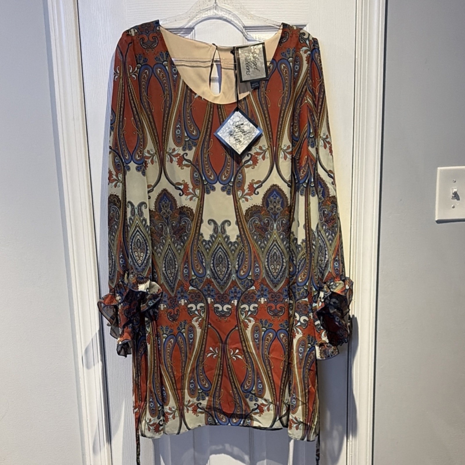 Angel Ribbons Paisley Shift Dress XL Long Sleeve Ruffle Button Orange Beige Blue