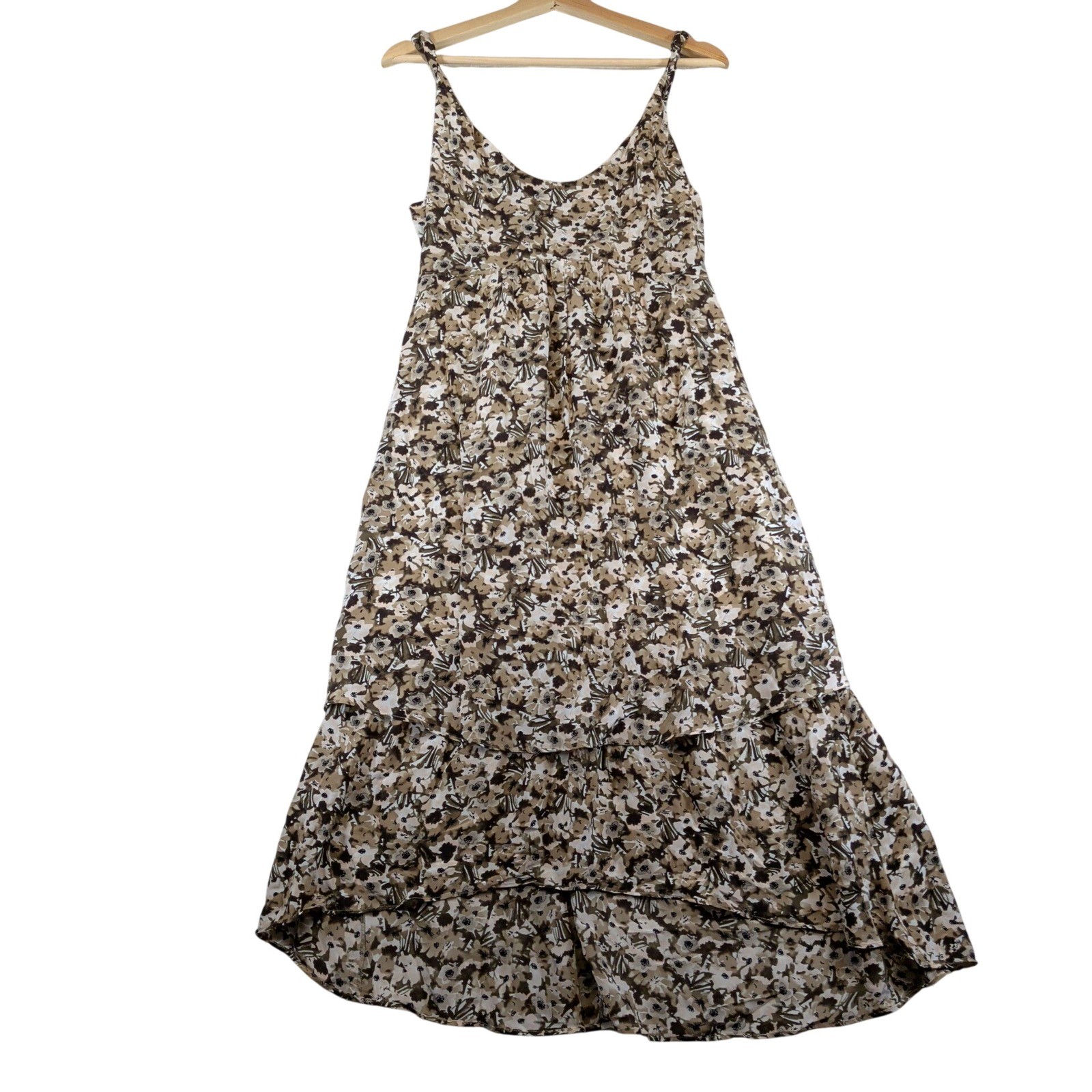 Banana Republic Silk Floral Maxi Dress Brown Tan Tiered High Low Size 2 SPR11