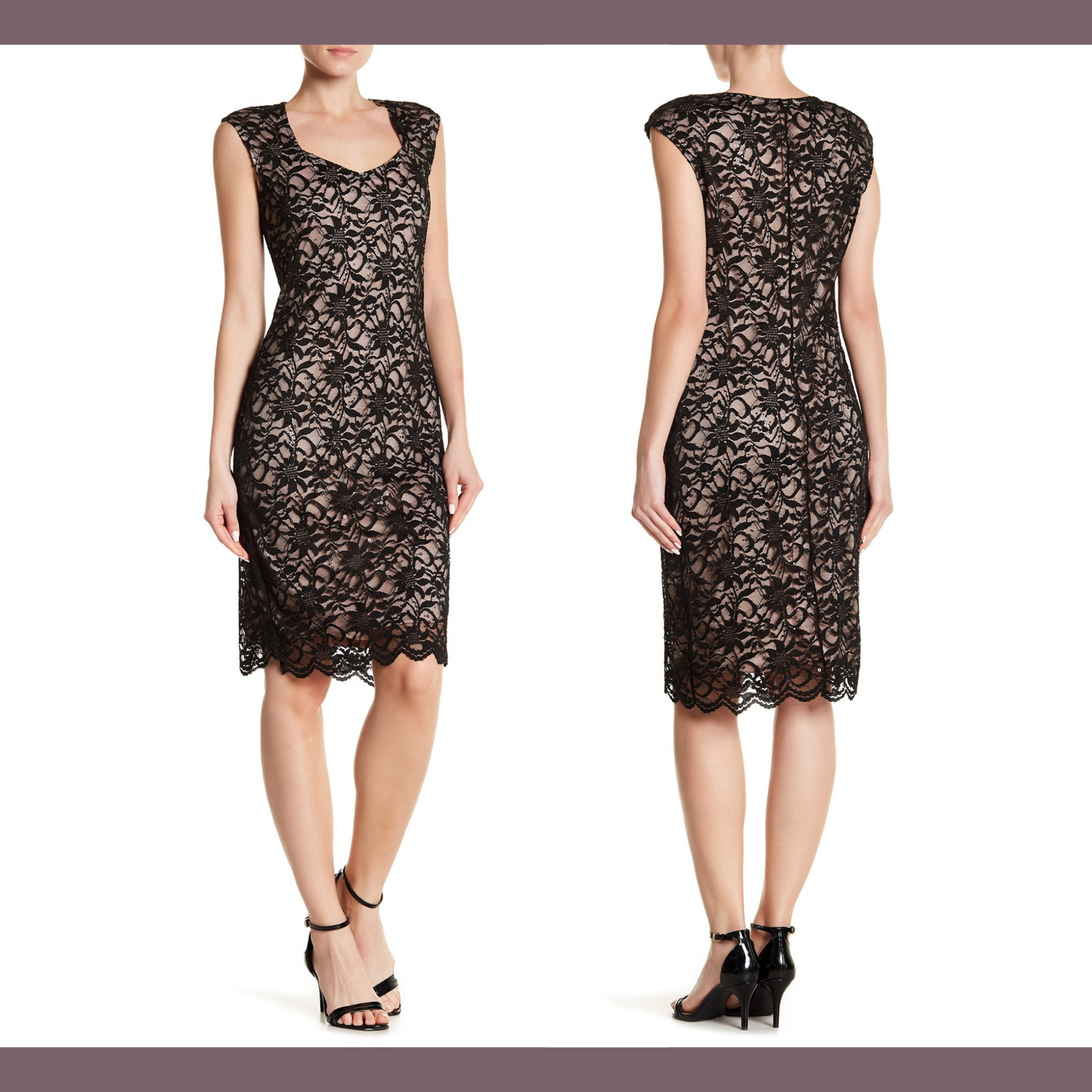 NWT $129 Marina Sweetheart Neck Scalloped Lace Dress Black/Nude [SZ 6 ] #E609