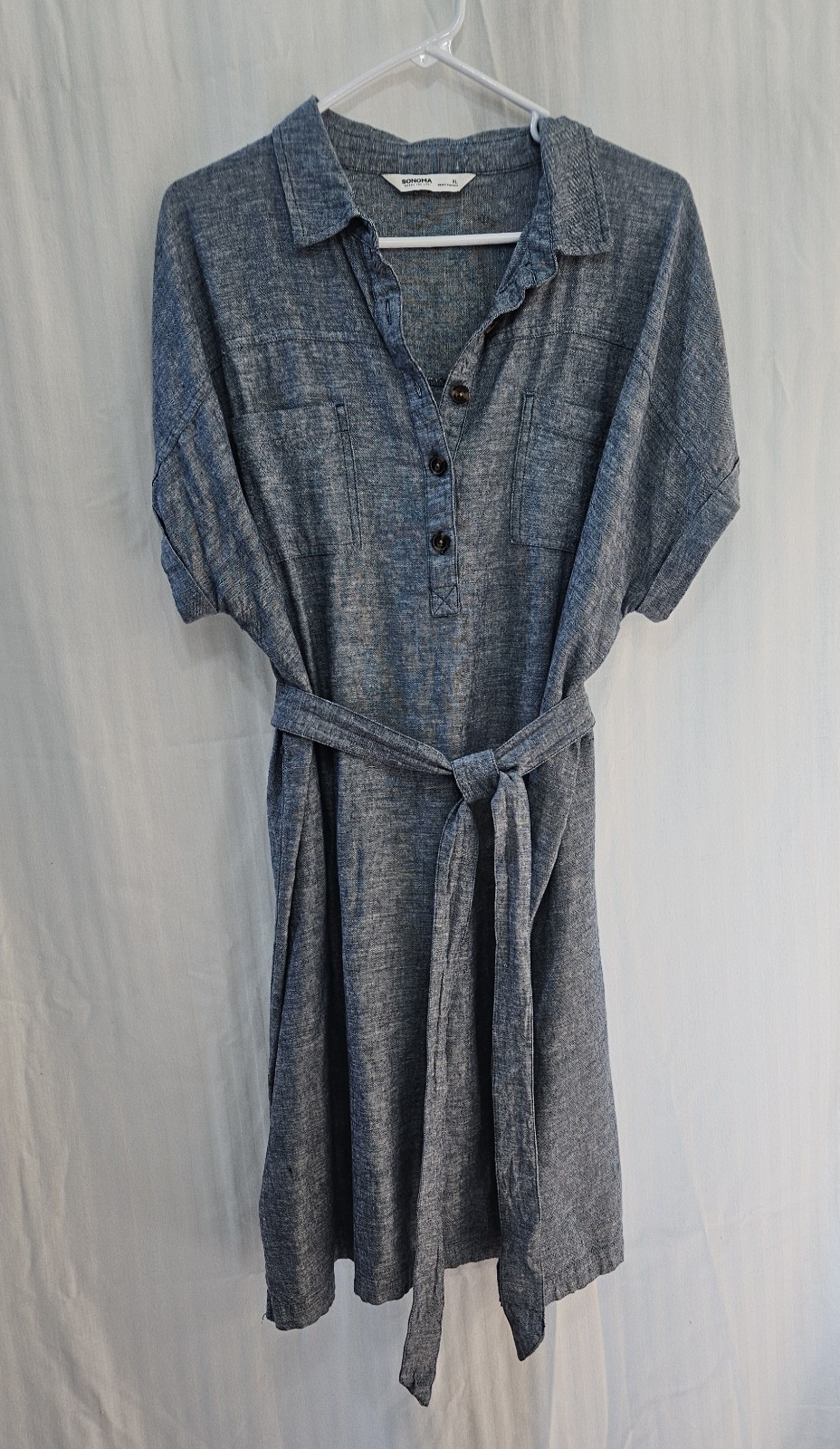Sonoma Shirt Dress – Blue Linen Rayon Button Pocket Tie Short Sleeve – Size XL