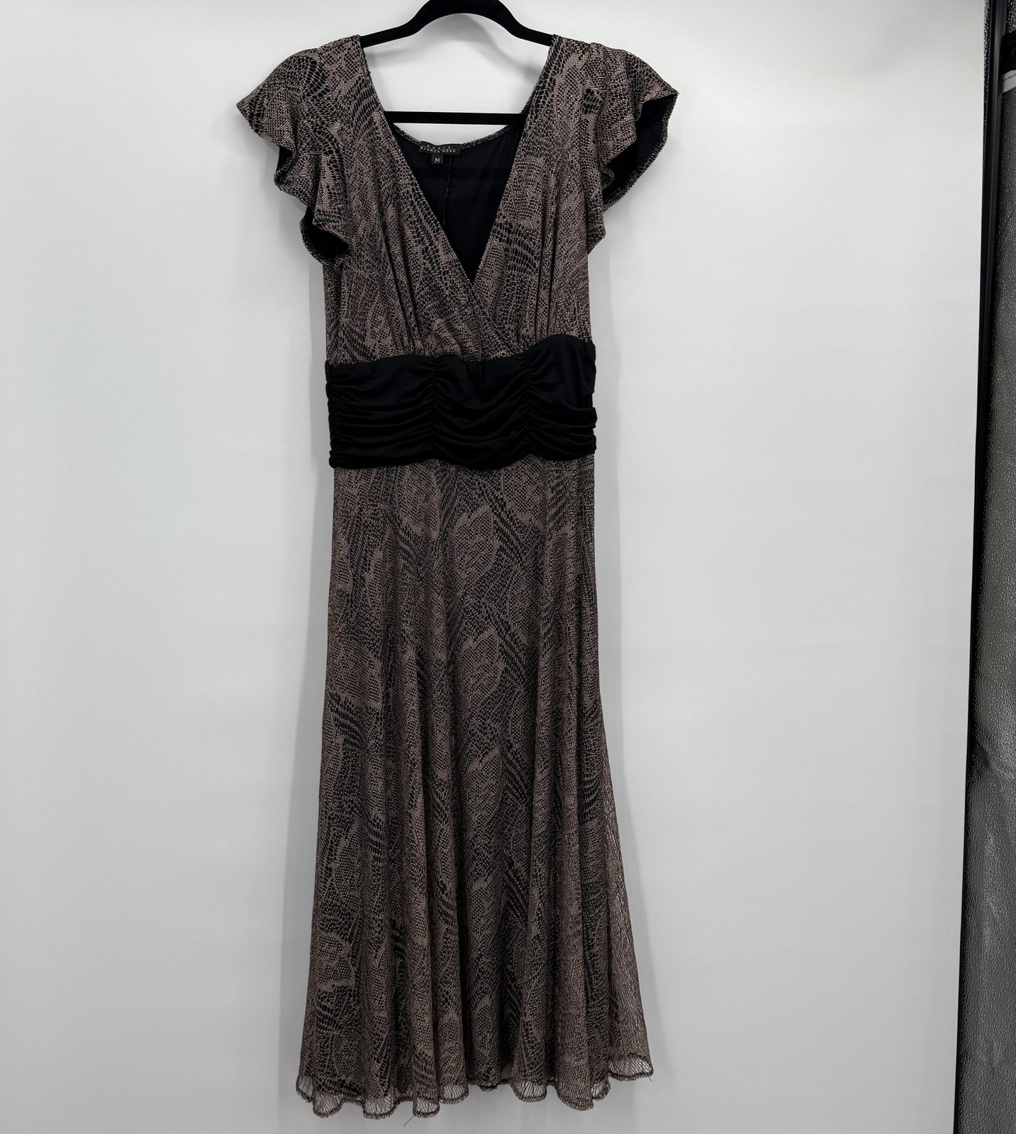 Maria Bianca Nero Dress Womens Medium Leaf Print Ruched Waist Mesh Layered