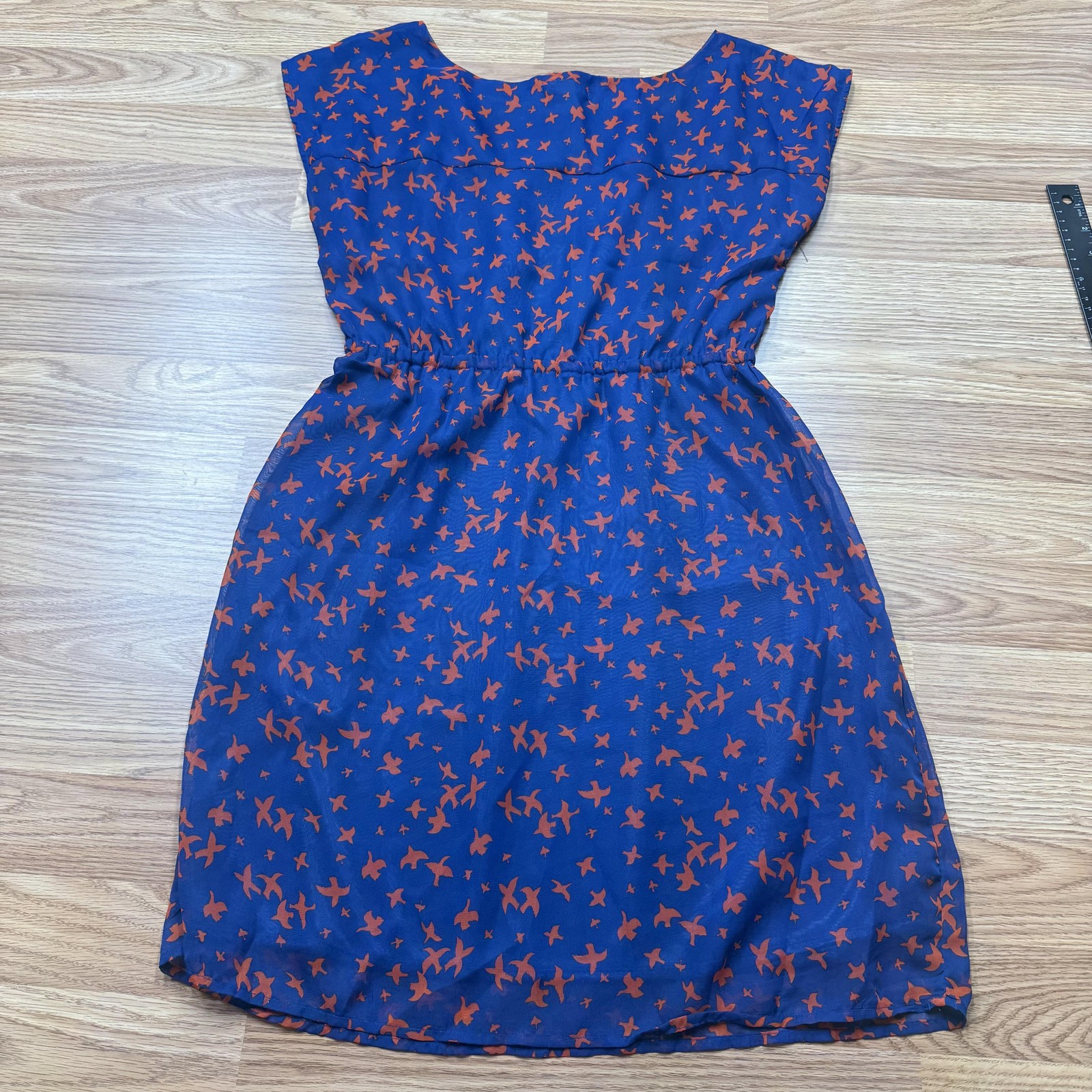 Tulle Dress Womens Small Navy Orange Bird Print Elastic Waist Lined Cap Sleeve