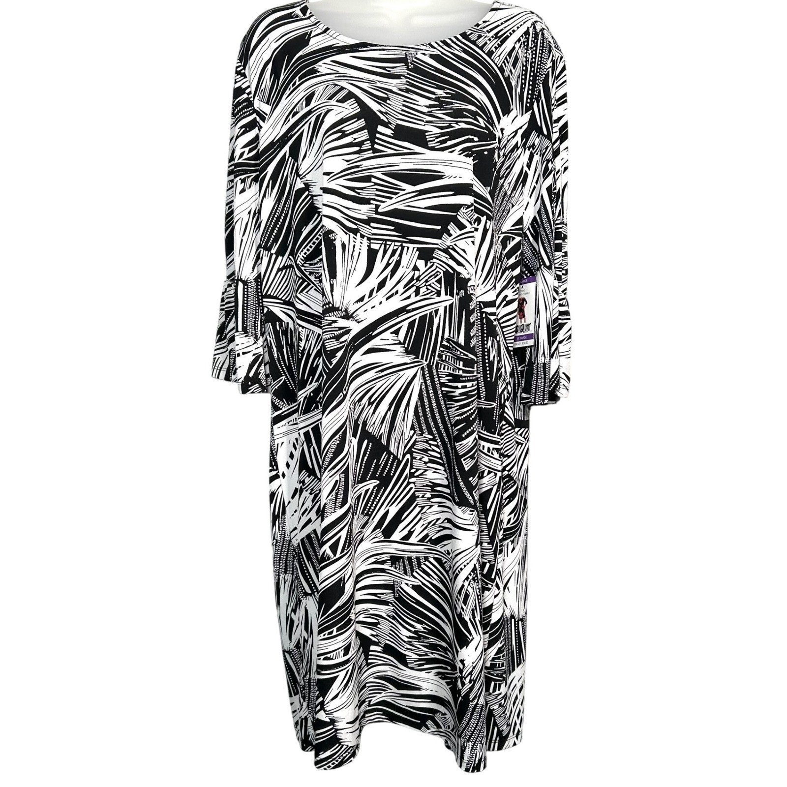 Alexandra Oak Black White 3/4 Bell Sleeve Dress Stretch Flounce NWT Plus Sz XXL