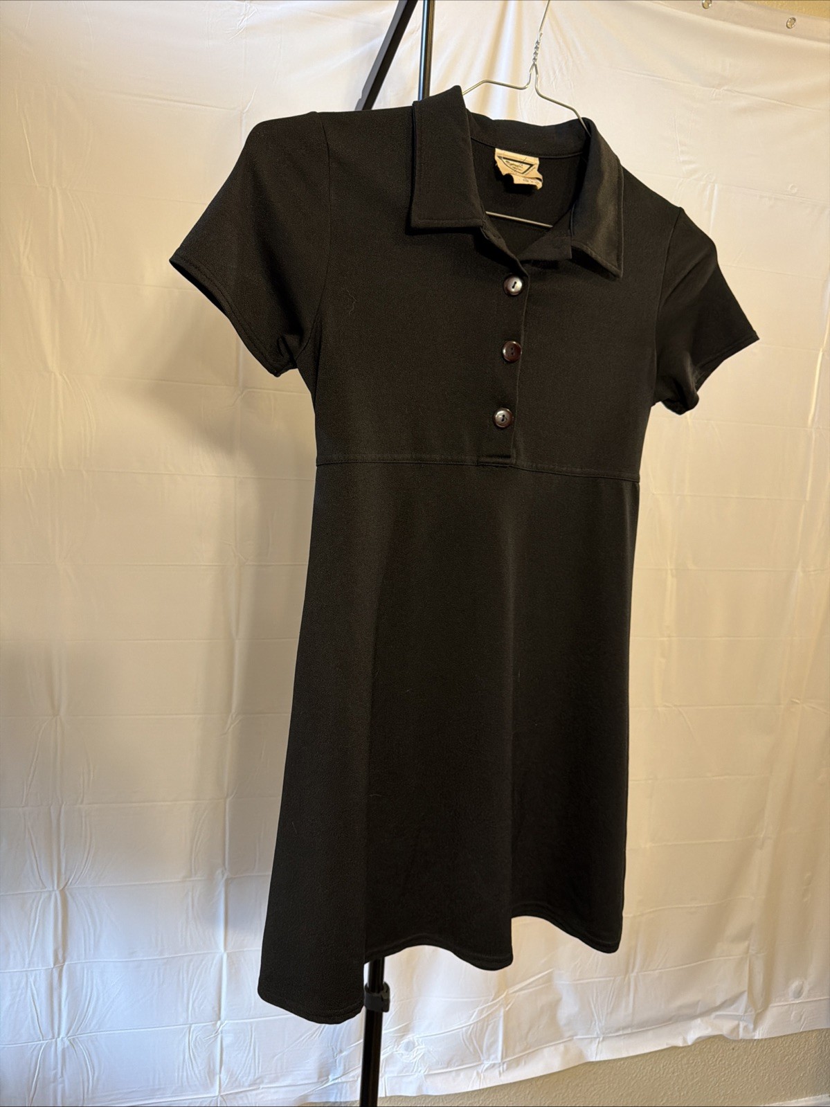 Pink Martini Short Sleeve Sheath Solid Black 1/4 Button Dress Sz S With Back Tie